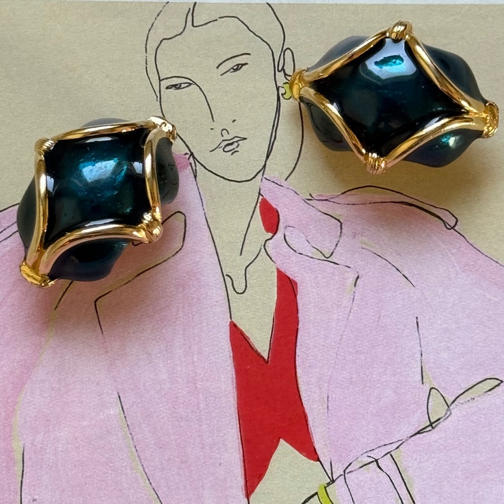 VINTAGE MARESCO Earrings Clip Deep Teal Enamel Gold 1970s-1980s